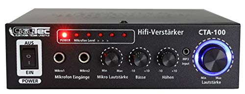 ChiliTec HiFi-Verstärker CTA-100 Cinch AuxIn 100 Watt Verstärker Stereo 2-Kanal 230V / 12V Betrieb Mini Endstufe für PC Büro Gaming Boot Wohnwagen Schwarz
