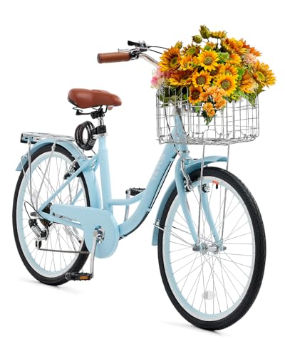 VEVOR Cruiser Fahrrad mit 7 Gängen (Reifendurchmesser 61 cm) Beach Fahrrad mit großem Korb & Gepäckträger, Cruiser-Fahrrad mit verstellbarem Sitz, für Radfahren & Trainieren & Einkaufen Blau