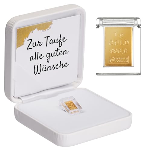 Goldstücke24 - Gold zur Taufe - Goldbarren 1g in hochwertiger Kapsel inkl. Etui (weiß) und Grußkarte - Geschenk zur Taufe