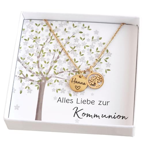 Taufkette Kette mit Baum des Lebens Gold Silber Lebensbaum Namenskette mit Gravur Geschenk zur Taufe Kommunion Konfirmation Taufgeschenk Mädchen Junge Patenkind