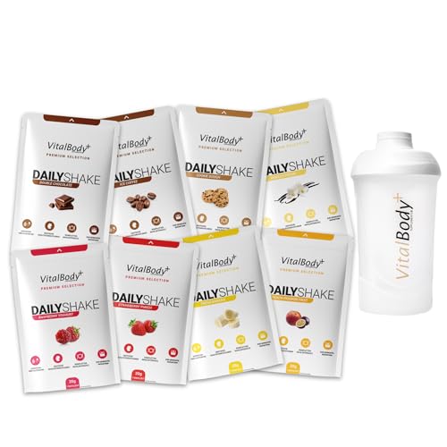 VitalBodyPLUS DailyShake 8er Probierpaket mit Premium Shaker, 8 x 30 g, Mahlzeitenersatz-Shake zum Abnehmen, nur 250 kcal pro Shake, kalorienarm, lecker & schnell zubereitet