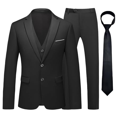 KUDMOL Herren Anzug 3 Stück Zwei Knöpfe Business Hochzeit Smoking Herren Anzug Jacke Weste Hose Set mit Krawatte（Schwarz,2XL