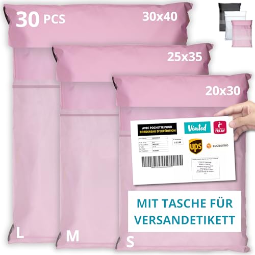 EMBALLAX - 30 Versandtaschen MIT TASCHE FÜR VERSANDETIKETT - 3 Größen S/M/L - WIDERSTANDSFÄHIG/WASSERDICHT - Versandtüten für Kleidung - Warensendung Umschlag für Kartons - Versandbeutel - Danke