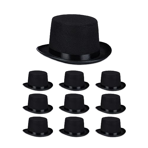 Relaxdays Zylinder Hut 10er Set, Zauberhut Damen & Herren, Kopfumfang 58 cm, Kostümzylinder Halloween, Karneval, schwarz