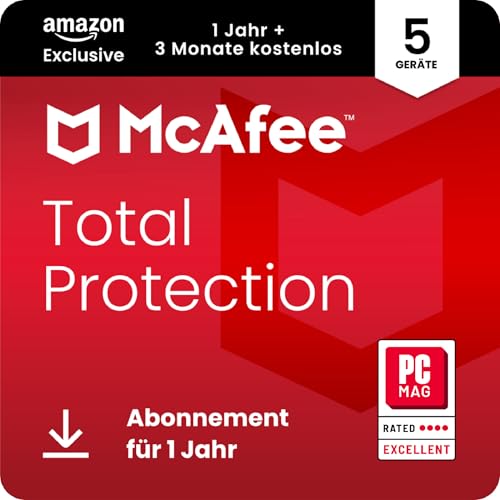 McAfee Total Protection 2026 (5 Geräte), 15 Monate Amazon Exklusiv | Virenschutz, VPN, Betrugsschutz, Sicherheitssoftware, Identitätsüberwachung | Abonnement mit automatischer Verlängerung | Download