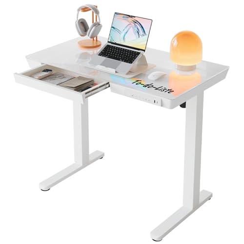 HUANUO 88 x 50 cm Glas Höhenverstellbarer Schreibtisch mit Schublade, Höhenverstellbarer Schreibtisch Ganze Tischplatte, USB-Aufladeanschluss und 3 Memory-Funktion, Weiß