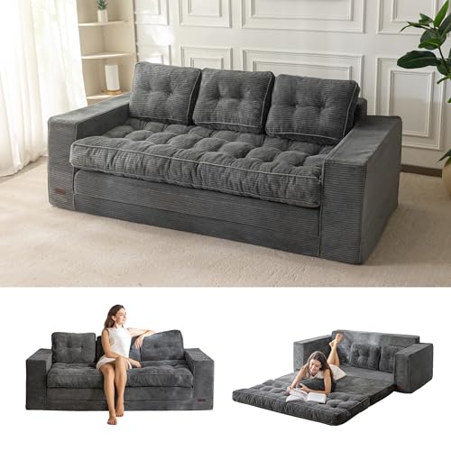 MAXYOYO Bodensofa Schlafsofa 190cm Breit mit Kissen, 2-in-1 Klappbar Cord Sofa 3 Sitzer mit Schlaffunktion, Liegefläche 101x196CM für Wohnzimmer, Schlafzimmer, Lounge