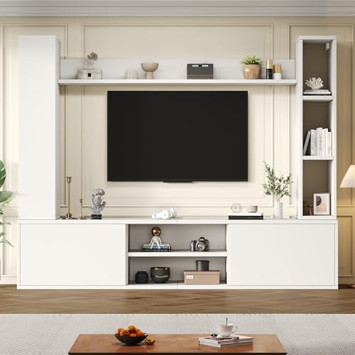 BTM 180x35x33.5cm TV Wohnwand-Set mit Vitrinen (Komplett-Set, 4-St),Mediawand inkl.TV-Board, Standregal und 2 Wandregal,Wohnzimmermöbel-Set,Schrank, stehend&hängend, bis 80',Weiß