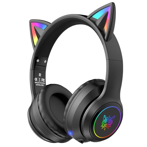 ONITOON Bluetooth-Kopfhörer mit LED-Katzenohren – Kabelloses Over-Ear Headset mit Mikrofon, Hi-Fi Stereo-Sound, 55h Spielzeit & Lautstärkeregler für Kinder/Erwachsene (iPhone/iPad/PC/Laptop)