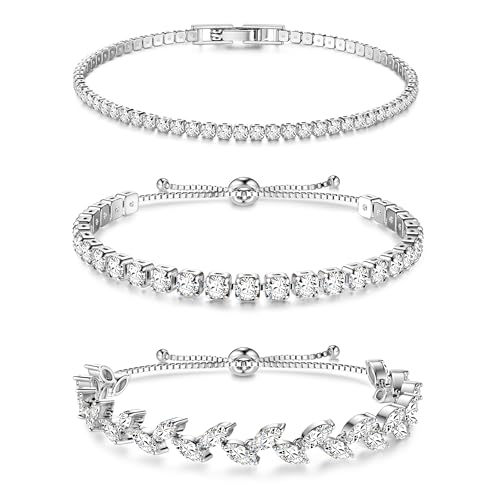Dochais 3 Stück Tennis Armband Damen Silber Zirkonia Armbänder Diamant Armband Damen Armbänder Glitzer Tennisarmbänder Strass Kristalle Set für Frauen Mädchen Ehefrau Mutter Schmuck Geschenk B