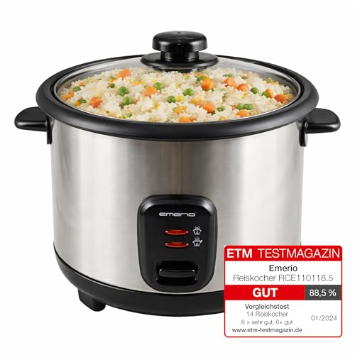 EMERIO automatischer Eco Reiskocher | 1.5L Volumen | Warmhaltefunktion | Auto Off | Antihaftbeschichtung | Glasdeckel | inkl Reislöffel + Messbecher | Schongarer | 500 Watt | Edelstahl | RCE-110118.5