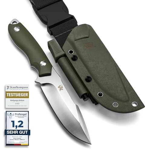 ODENWOLF Outdoor-Messer AMBULO mit Kydex Holster - Edles Jagdmesser aus einem Stück D2 Stahl gefertigt - DAS Bushcraft Messer - Perfektes Survival Messer (Grün - Silber)