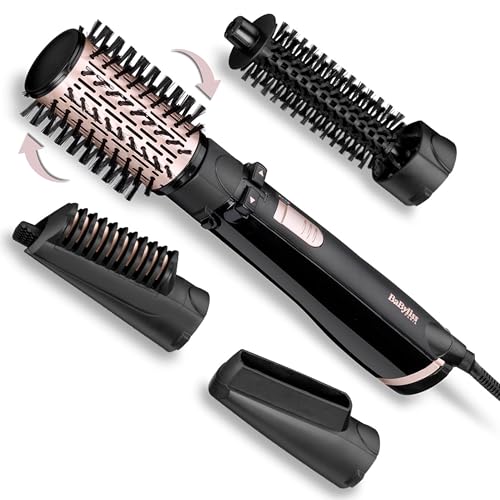 BaByliss Dry, Straighten and Style - Rotierende Warmluftbürste, 1000W Ionen Rundbürstenföhn mit 4 Aufsätzen zum Föhnen, Glätten, Volumen kreieren, Schwarz, AS200E