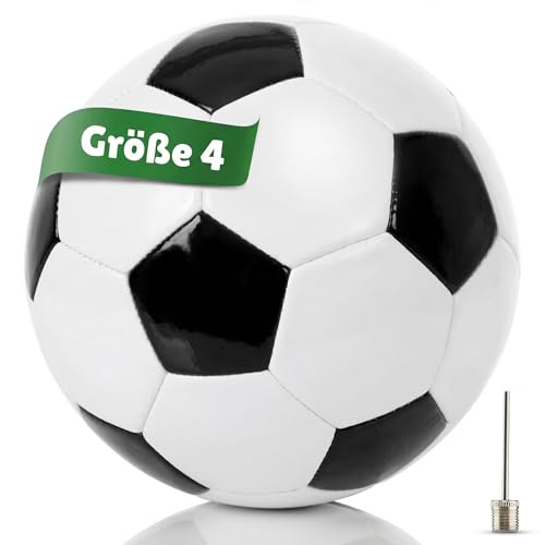 Fußball Größe 4, klassisch schwarz-weiß, normaler Fussballl für Kinder von 7-11 Jahren. Robust & hochwertig, 350g (Light), ideal für das Training, Spielball oder als Geschenk - Mit Ballnadel