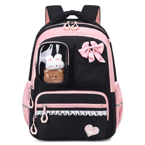 Amythe Schultasche Mädchen Rucksack Kinder 1. - 5. Klasse, Schwarz Rosa