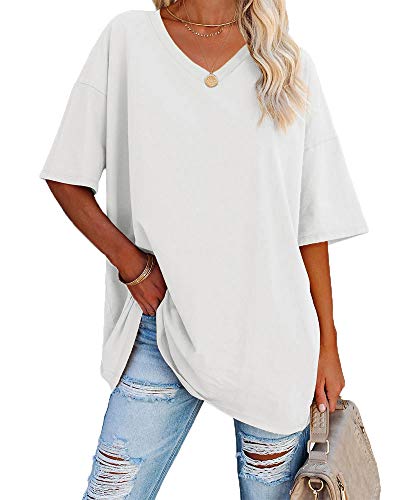 Ebifin Damen Oversize T Shirt mit V-Ausschnitt Kurzärmeliges Casual Lockere Basic Sommer Tee Shirts Bluse.Weiß.XXL
