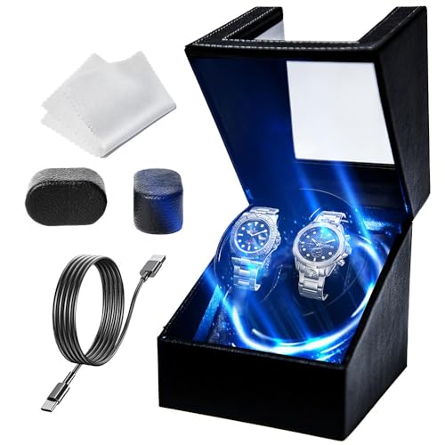 Gziztx Uhrenbeweger, automatische Uhrenbewegerbox mit 1/5 Rotationsmodi, leiser Motor, Blaue LED, geeignet für die Aufbewahrung von Automatikuhren für 2 Uhren (Black &5 Rotation Modes&LED)