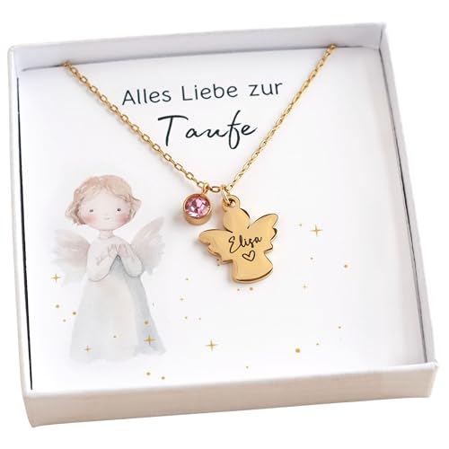 Personalisierte Kette mit Schutzengel Anhänger Taufkette Engel mit Gravur Silber Gold Roségold Taufgeschenk Mädchen Junge Patenkind Geschenk zur Taufe Kommunion Geburt Einschulung