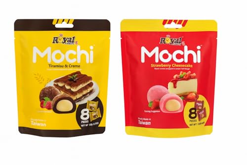 Royal Family Mochi 2er-Set: Tiramisu & Strawberry Cheesecake. 2x 120 g Reiskuchen mit cremiger Füllung – zart, süß & köstlich. Ideal als Dessert oder Snack. Inkl. Naschwerk® Sticker