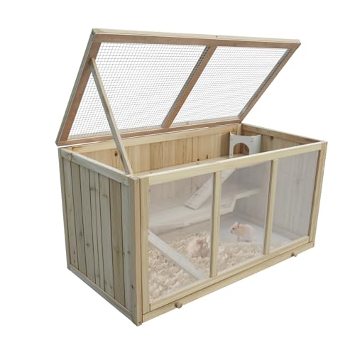 Hamsterkäfig aus Tannenholz, 94,5 x 48,5 x 49,5 cm, mit Plattformen, Leiter und Hütte