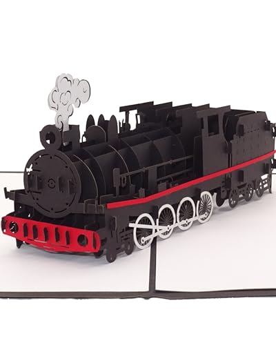 Pop Up Karte Dampflok - 3D Geburtstagskarte & Glückwunschkarte Lokomotive mit Eisenbahn Modell aus Papier - Geschenkidee nicht nur für Kinder