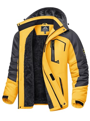 KEFITEVD Herren Skijacke Warm Gefütterte Softshelljacke Winter Atmungsaktiv Outdoorjacke Verdick Winddicht Übergangsjacke mit Kapuze Grau-gelb S