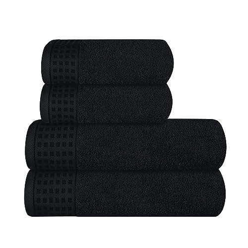 GLAMBURG Ultra Soft 4er-Pack Handtuch-Set, Baumwolle, enthält 2 übergroße Badetücher 70 x 140 cm, 2 Handtücher 50 x 90 cm, für den täglichen Gebrauch, kompakt und leicht — Schwarz