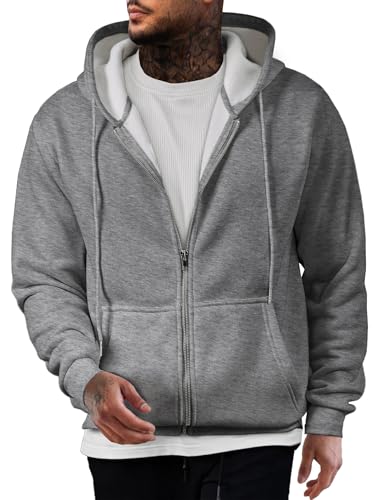 JMIERR Hoodie Herren Einfarbig Baumwolle mit Reißverschluss Pullover Langarm Sweatjacke Kapuzenpullover Sweatshirt,Grau M