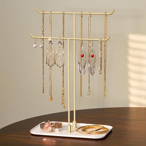 Josmimic Schmuckständer, Schmuckhalter, Schmucktablett, Schmuckaufbewahrung für Halsketten Armbänder Ohrringe Ohrstecker Ringe, Geschenkidee, gold