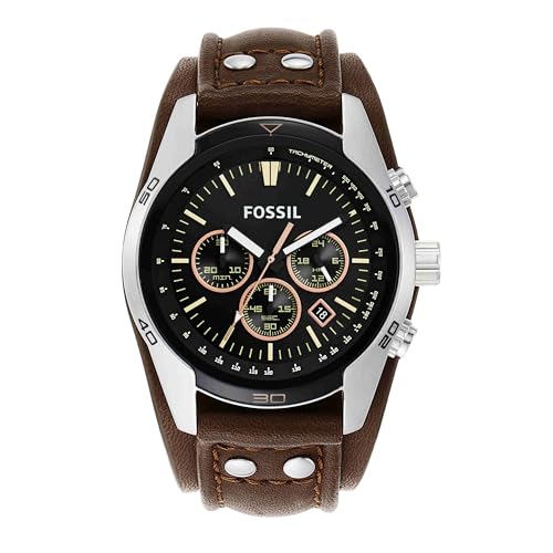 Fossil Coachman Uhr für Herren, Chronographenwerk mit Edelstahl- oder Lederarmband, Schwarz, 44MM