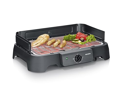 Severin Elektrogrill, Temperaturen 35-200 Grad Celsius, schnelles Aufheizen, 38x22 cm, Tischgrill mit Auffangschale, Edelstahl-Grillrost, Balkongrill, einfache Reinigung, 2000W, schwarz, PG 8593