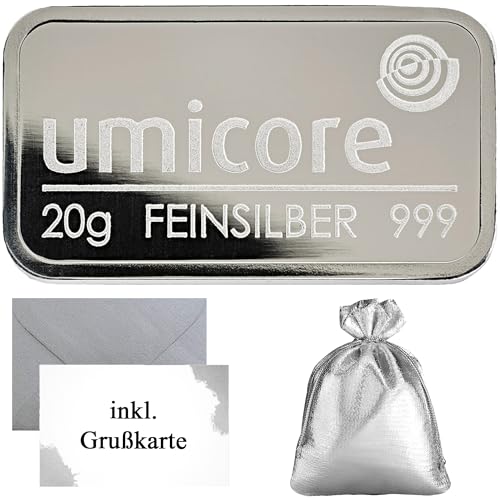 Silberbarren Umicore 999 Feinsilber – LBMA-zertifiziert – Anlagesilber mit Geschenkverpackung und Grußkarte (20g Silber)