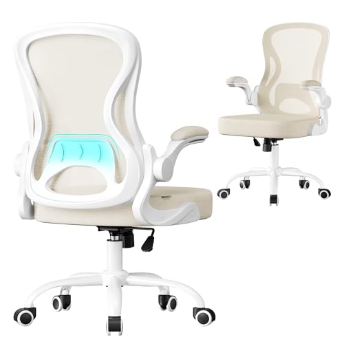 SONGMICS Bürostuhl ergonomisch, Drehstuhl mit Netzgewebe, Schreibtischstuhl mit Lendenstütze, Wippfunktion, klappbare Armlehnen, für Arbeitszimmer, Schlafzimmer, cappuccinobeige-wolkenweiß OBN042LH02