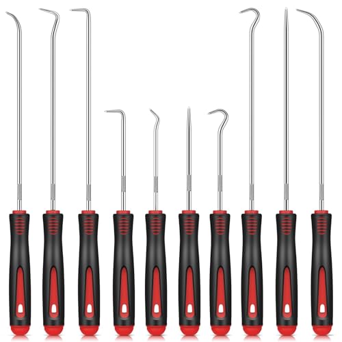 TXXATX 10-Teilig Pick und Haken Set Rot Wellendichtring Werkzeug 24 cm und 16,5 cm Haken Werkzeug Universal Präzision Haken für Öl-Ringe O-Ring Dichtung Auto Schläuchen Demontage Werkzeug