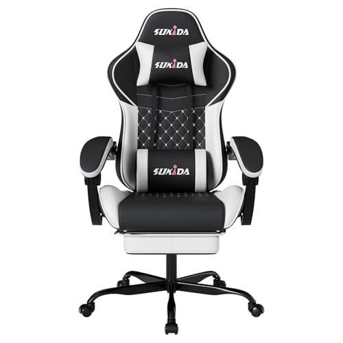 SUKIDA Gaming Stuhl, Ergonomischer Gaming-Stuhl mit Fußstütze, Racing Gamer Chair 90-135° Rückenlehne einstellbar, Computerstuhl Höhenverstellbar Lendenwirbelstütze, Blackwhite