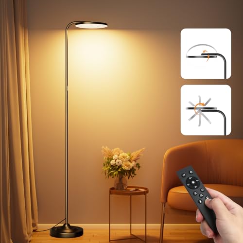 SIBRILLE Stehlampe Wohnzimmer 36W, Superhelle Stehlampe Dimmbar mit Fernbedienung, 3000K-6000K Deckenfluter LED Dimmbar Hohe Stehleuchte, Drehbare Leselampe für Wohnzimmer Schlafzimmer Büro
