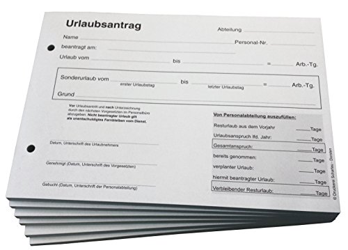 Druckerei Scharlau 5x Urlaubsantrag - Blocks Urlaubsantrag - Urlaub - DIN A5 quer - 2-fach - durschschreibend 2x50 Blatt - SD (22267)