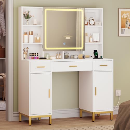 AOGLLATI Großer Schminktisch mit LED-Beleuchtung und Steckdosen, Frisiertisch mit Spiegel Moderner Kosmetiktisch mit 8 offenen Ablagen, 6 Haken, 3 Schubladen und 2 Schränken, Weiß