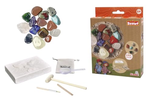 Simba 109462661 - Scout Mineralien-Ausgrabungsset (5 Steine zum Ausgraben) - Forscher- und Entdecker-Spielzeug für Kinder ab 5 Jahre inkl. Lupe, Werkzeug & Beutel, zufällige Auswahl aus 3 Sets