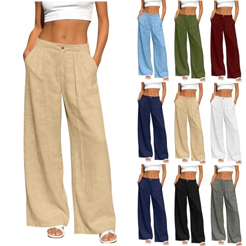 Leinenhose Damen - Leicht Leinen Sommerhose Loose Freizeithose High Waist Stoffhose Yogahose Casual Einfarbig Schlupfhose Jogginghose Straight Bein Frauen Hosen Stretch Mit Taschen