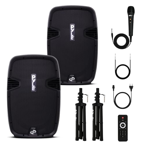 Pyle PA Anlage, 1800W- PA Anlage Komplettset, Lautsprecher mit Mikrofon, Partybox Bluetooth, DJ Lautsprecher- mit 2- Boxenständer, USB/SD/MP3/AUX, Fernbedienung, Aktive/Passive- Lautsprecher Paar