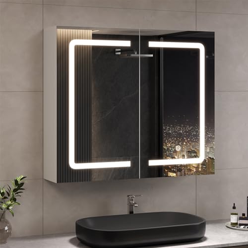 DICTAC Spiegelschrank Bad mit Beleuchtung und Steckdose Badezimmerschrank mit Spiegel und Verstellbarem Regal,Doppeltür Badspiegel,Hängeschrank,Badspiegel,3 Farbtemperatur dimmbare,70x16x60cm,Weiß