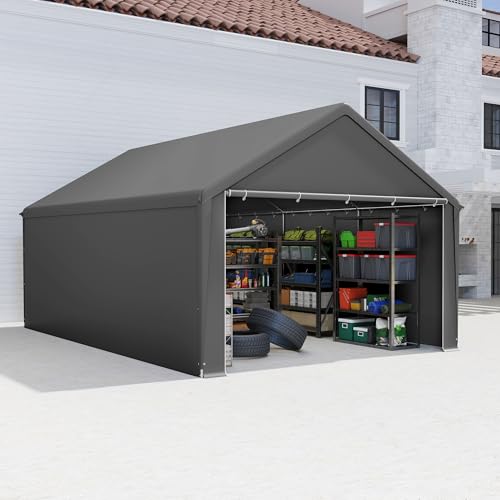 Aufun Carport Zeltgarage 4x6m, Wasserdichtes Lagerzelt mit PE-Dach, Reißenresistenter Garagenzelt mit abnehmbaren Seitenwänden, UV-beständig Winterfest Unterstand für Auto, SUV, LKW, Boot, Grau