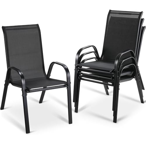 LIFERUN Gartenstühle Stapelstuhl Camping Stapelbar Hochlehner Terrassenstuhl Textilene Stahlgestell für Gärten Innenhöfe Balkone Restaurants 150 kg Belastbar 54 x 69 x 93cm (4pcs, Schwarz)