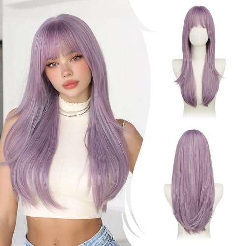 RUWISS Lange Gerade Lavendel Lila Perücken mit Pony, 65 cm Perücken Damen Geschichtete Synthetische Haar Perücken Frauen für Tägliche Party Cosplay