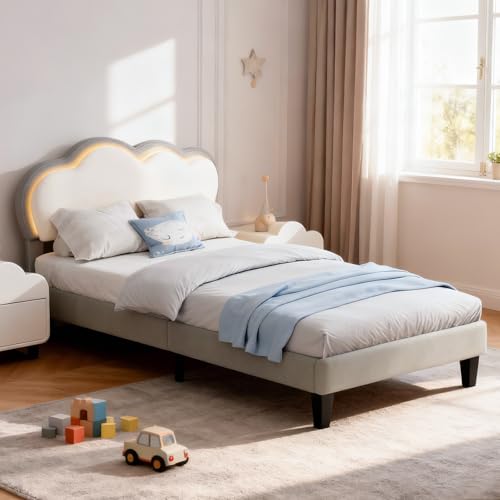 Artswish Kinderbett Polsterbett 90x200 cm mit RGB-LED-Beleuchtung und Höhenverstellbar Wolken-Kopfteil, Samt, Grau-Weiß (ohne Matratze)