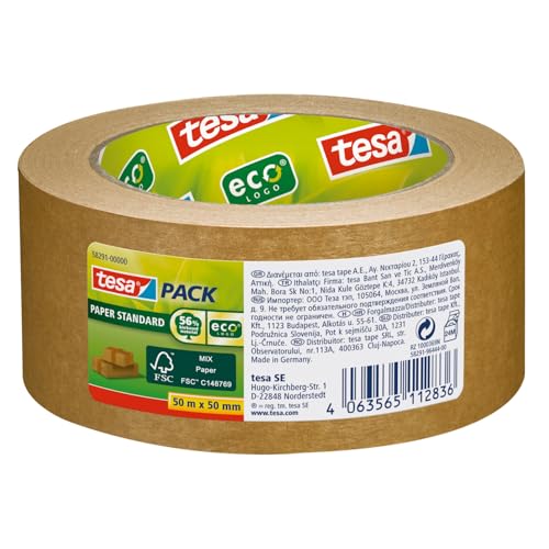 tesa tesapack Papier Standard - Umweltschonendes Paketband aus Papier, 56% biobasiertes Material - Effizient und recyclingfreundlich - Braun - 50 m x 50 mm