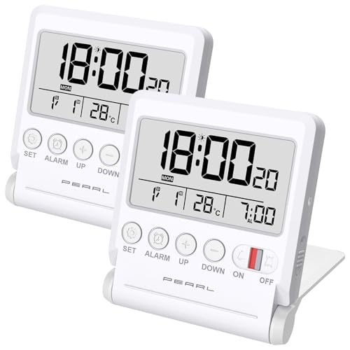 PEARL Digitalwecker: 2er-Set Kompakter Reise-Funkwecker mit Thermometer & Datum, klappbar (Reiseuhr mit Wecker, Funk-Wecker mit DCF, Alarm)