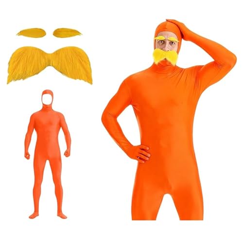 Lorax Kostüm Ganzkörperanzug Damen Herren Greenscreen Anzug Unisex Halloween Karneval Ganzkörper Slenderman Kostüm Bodysuit Open Face Cosplay Jumpsuit mit Schnurrbart Und Augenbrauen
