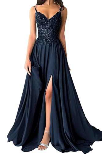 Damen Chiffon Ballkleider Spaghettiträger Spitzenapplikationen Abendkleider Elegant für Hochzeit A-Linie Ballkleid mit Schlitz